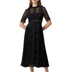 Self Portrait Geometric Black Lace Midi Dress short sleeve ruffle accents 6